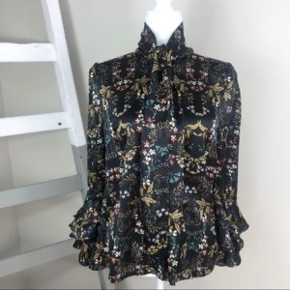 GRACIA Blouse Tie Neck Button Up Ruffle Sleeve Size M - Picture 5 of 11